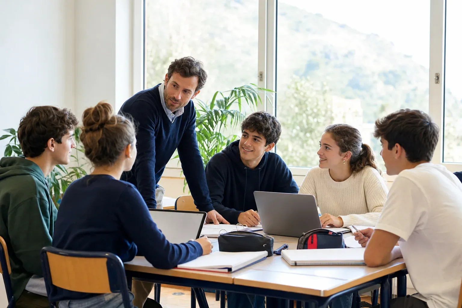 Un profesor da clase a un grupo reducido de estudiantes en un aula luminosa.