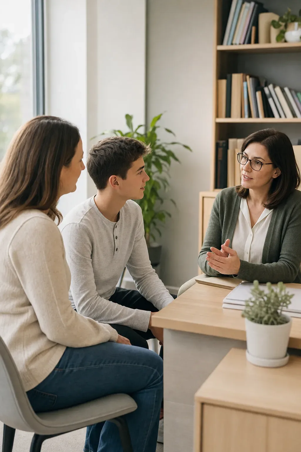 Una coordinadora revisa con una madre y su hijo cómo va el curso.