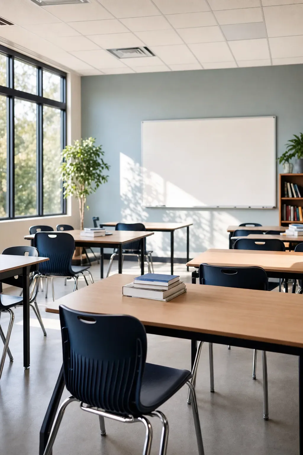 Aula vacía y ordenada, preparada para la siguiente clase.