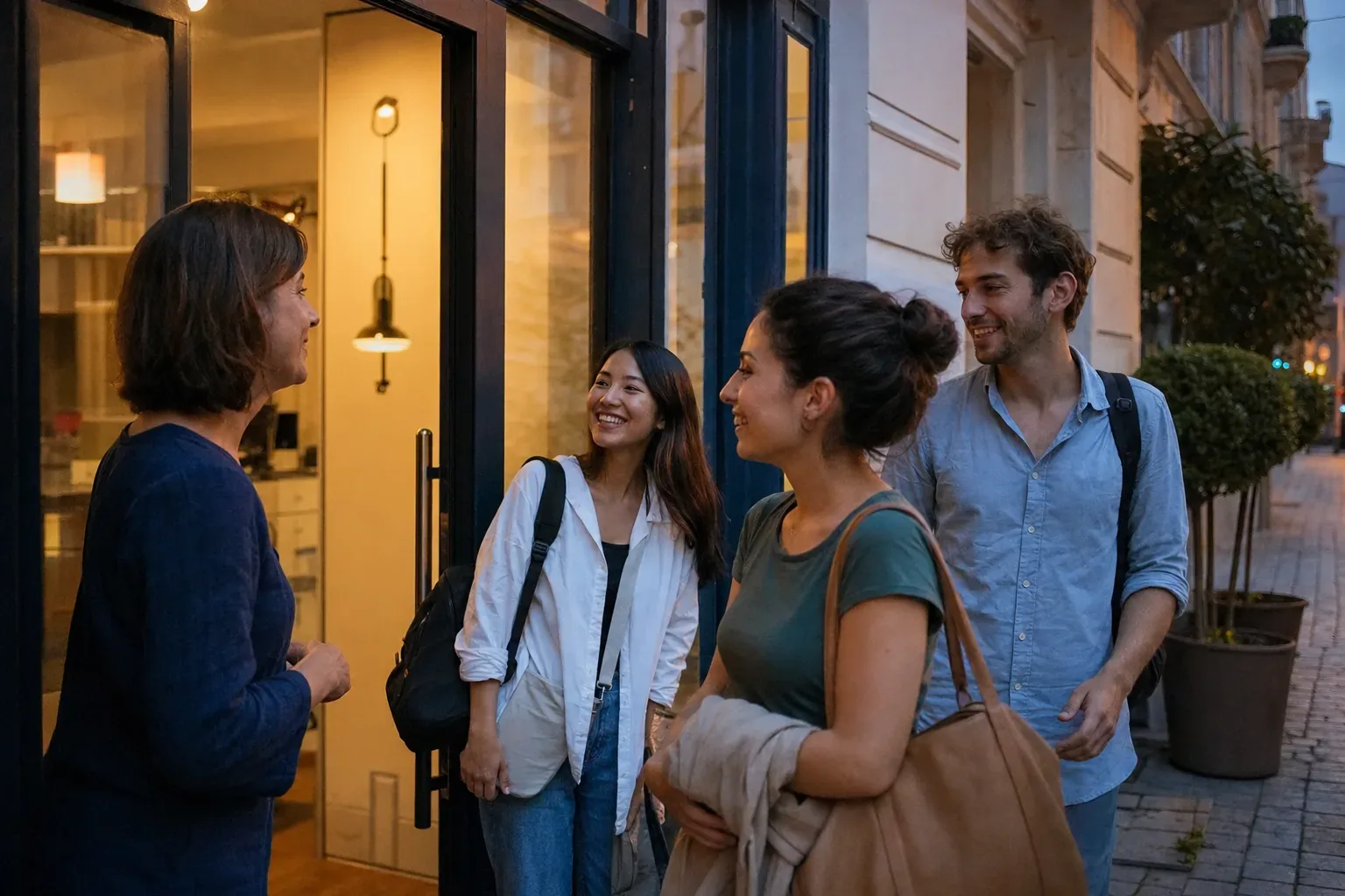 Alumnos adultos salen sonrientes de la academia charlando con su profesora al anochecer.
