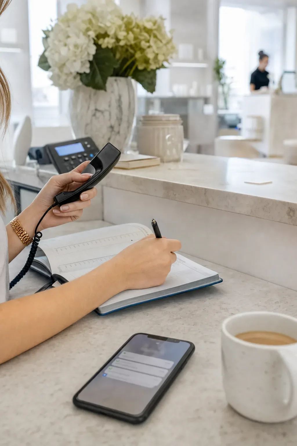 Manos de una recepcionista con el teléfono y una agenda de papel junto a un móvil con mensajes.