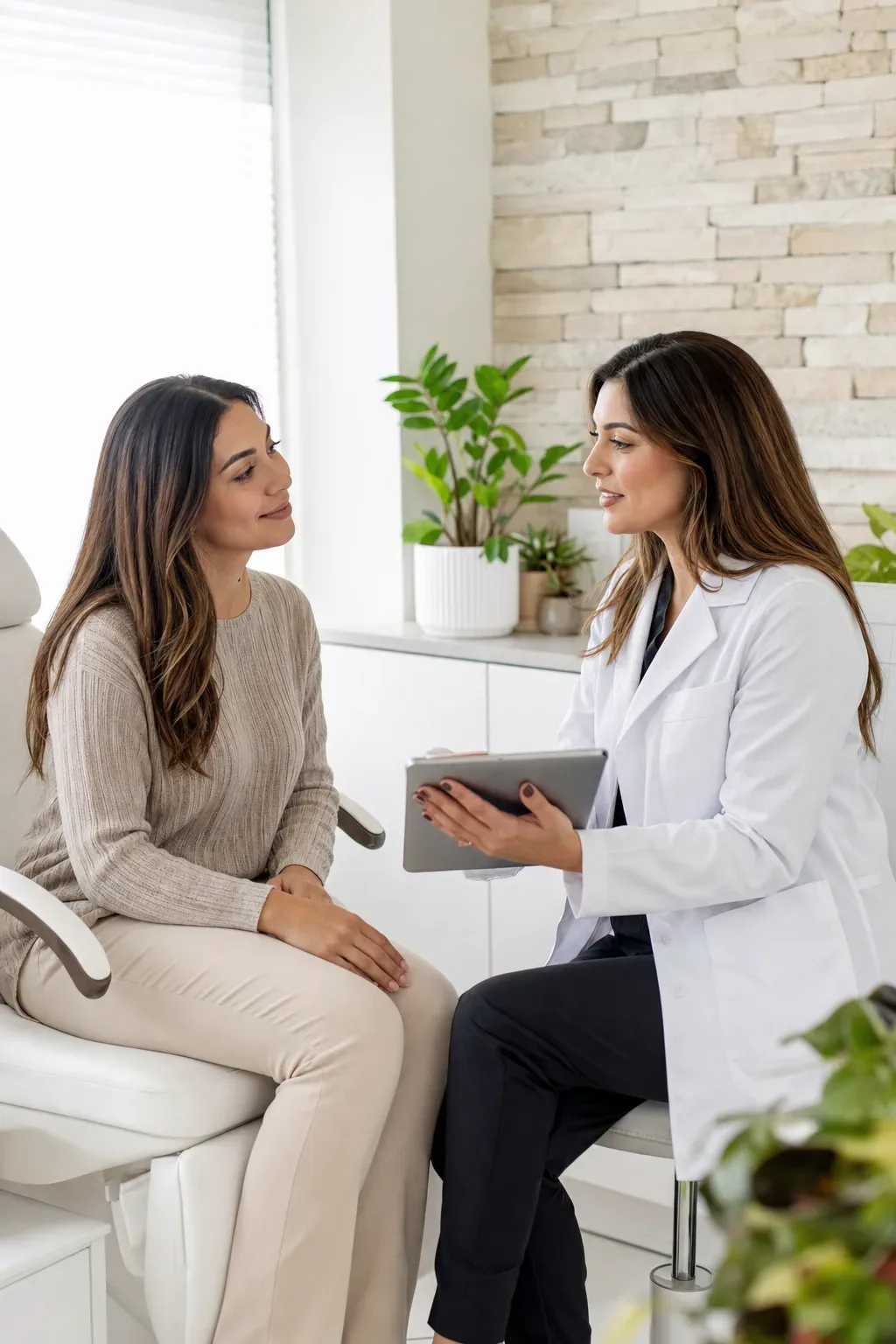 Una doctora explica el plan de tratamiento a una paciente en la consulta.