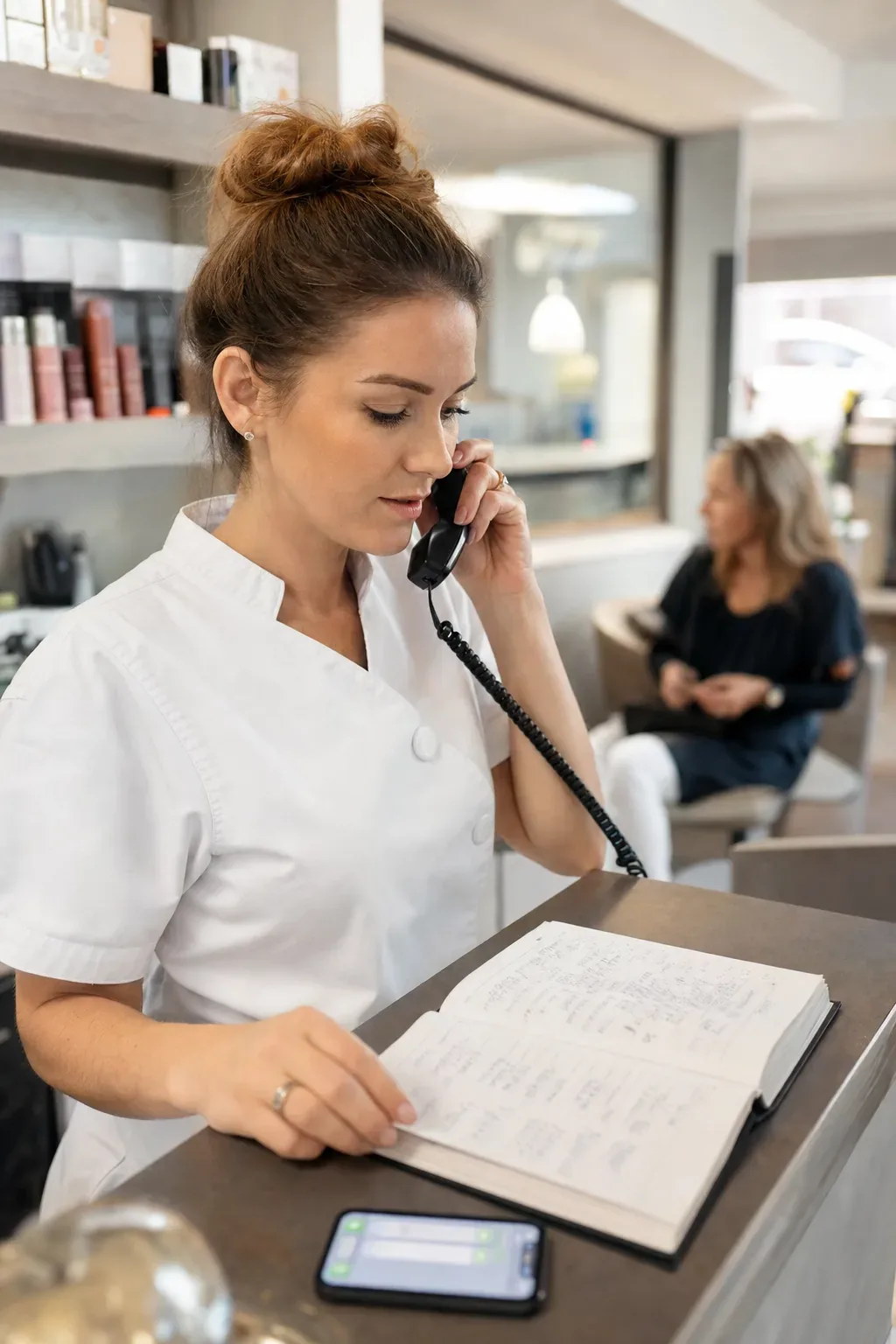 Una esteticista atiende el teléfono con la agenda de papel llena de citas y un móvil con mensajes.
