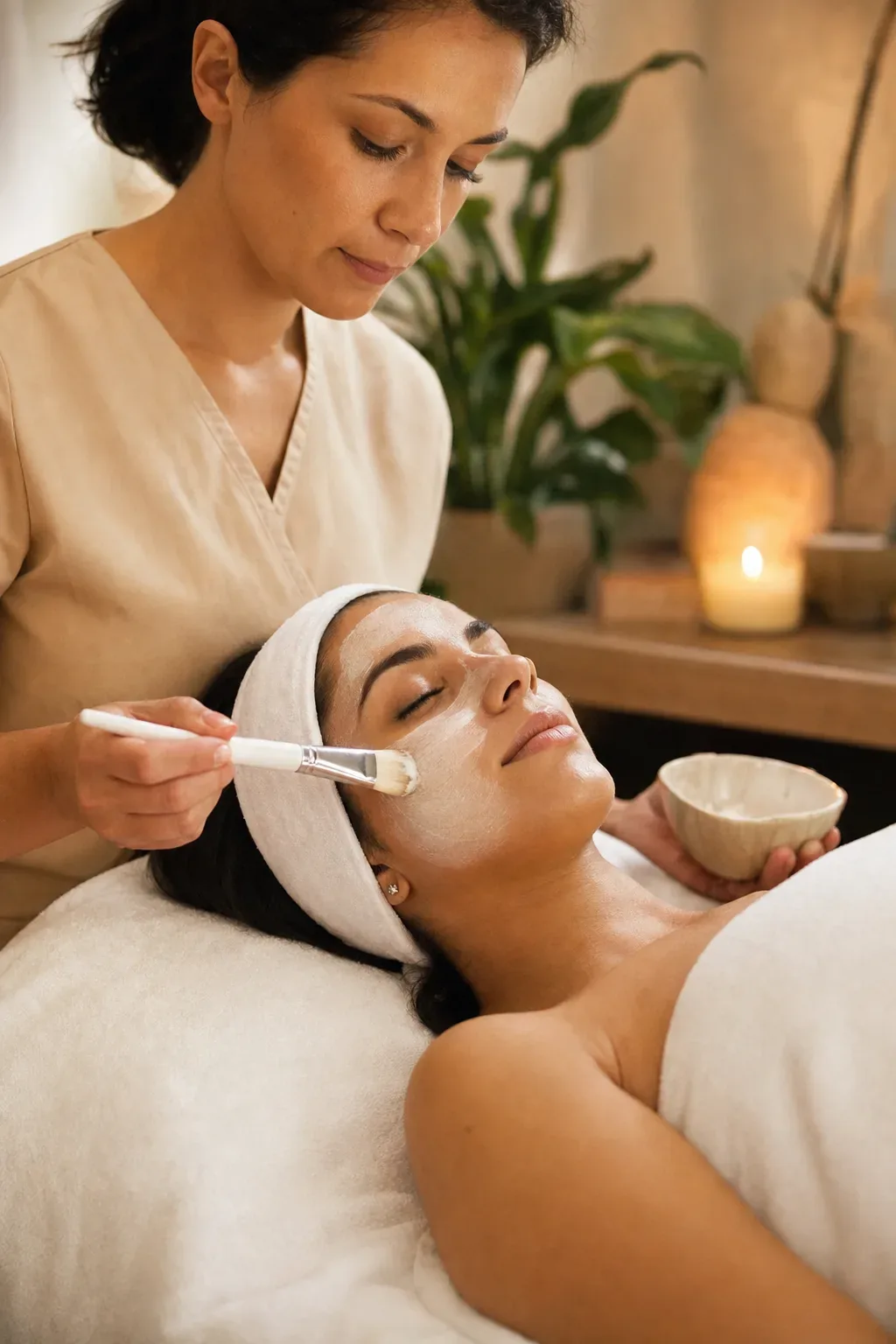 Una esteticista aplica una mascarilla facial a una clienta relajada en cabina.