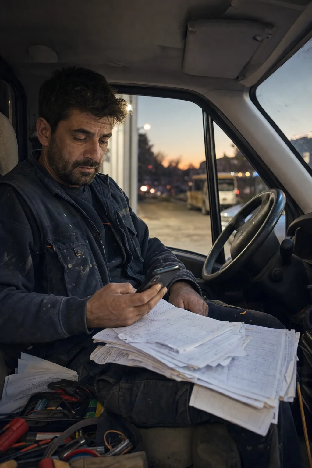 Un electricista revisa un montón de partes en papel sentado en su furgoneta al anochecer.