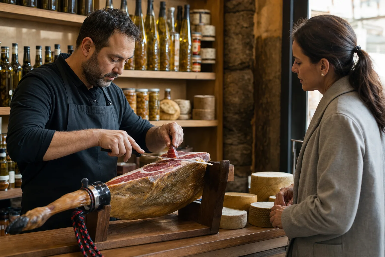 Un dependiente corta jamón ibérico a cuchillo en el mostrador de una tienda gourmet mientras una clienta observa.
