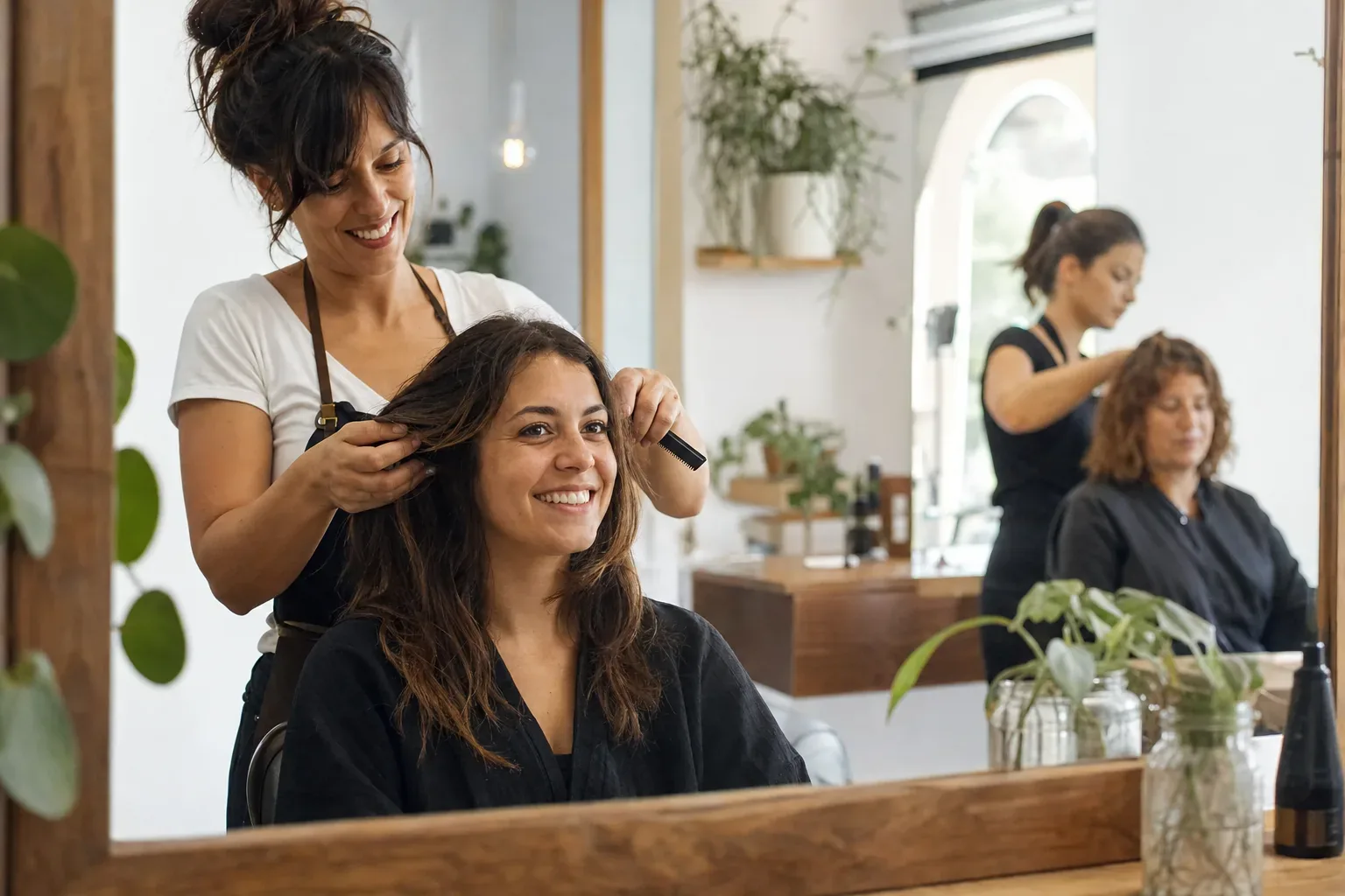 Una peluquera peina a una clienta sonriente frente al espejo en un salón luminoso.