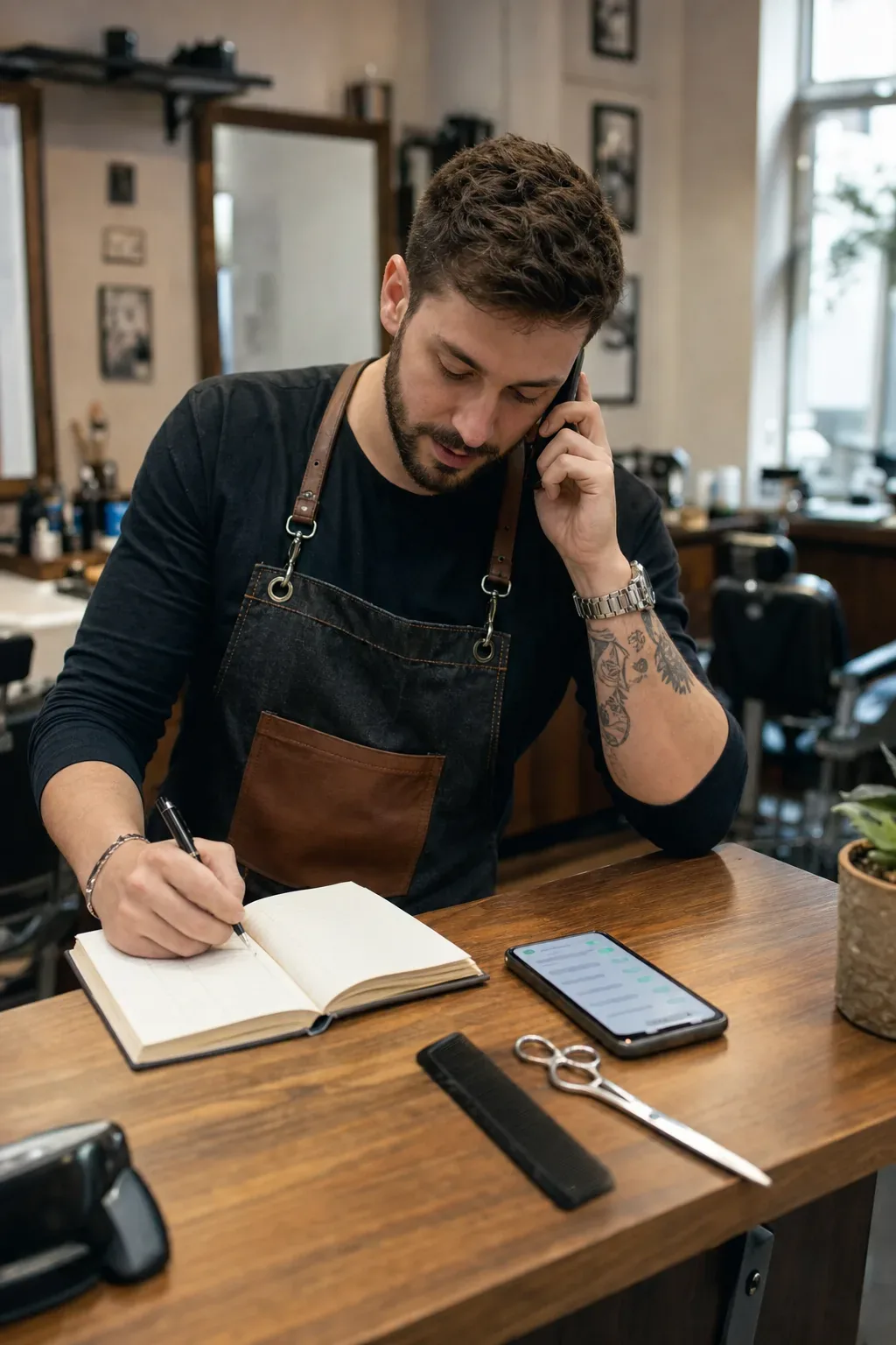 Un barbero apunta una cita en una libreta mientras atiende el teléfono en recepción.