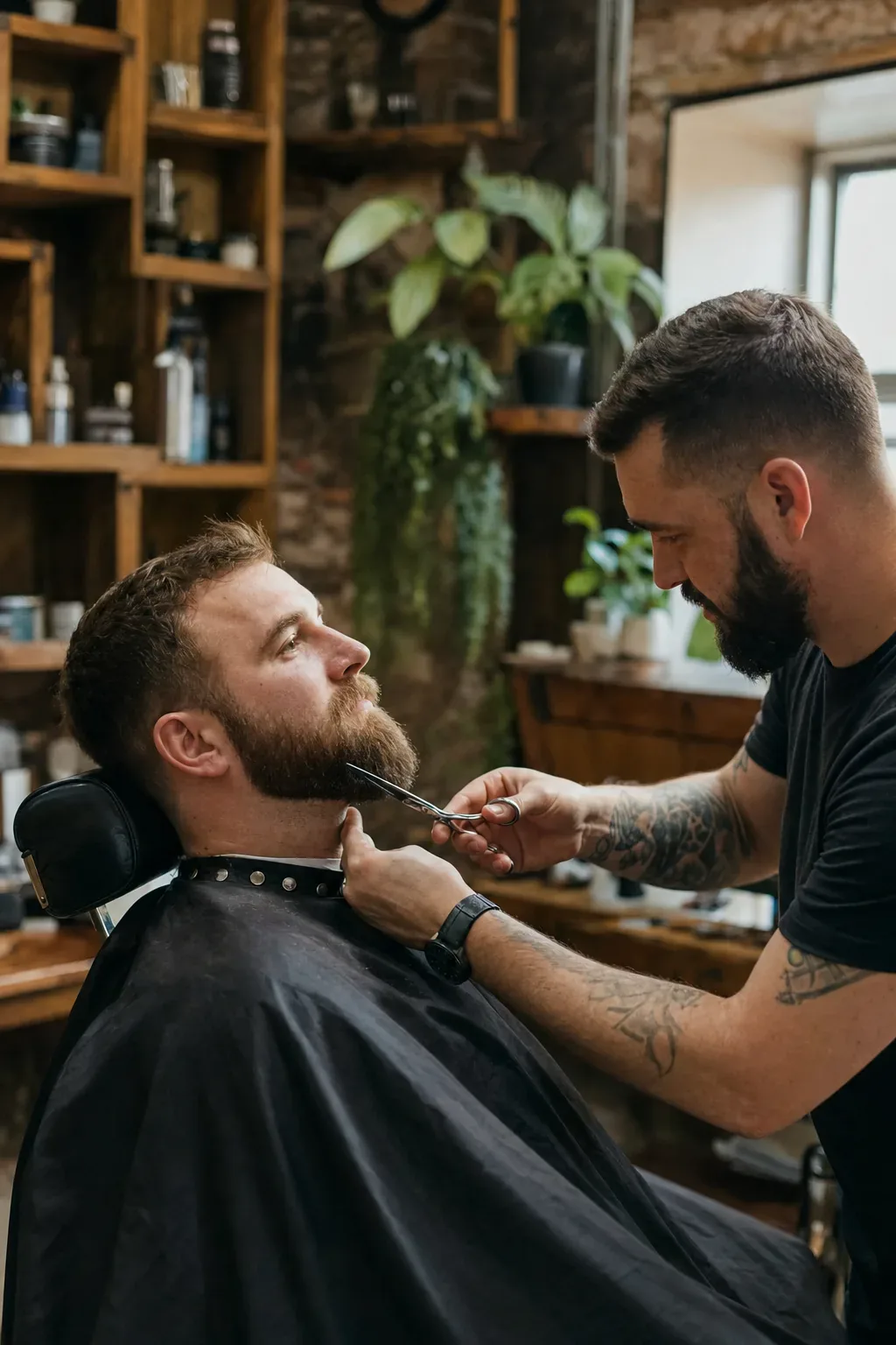 Un barbero arregla la barba a un cliente relajado en el sillón.