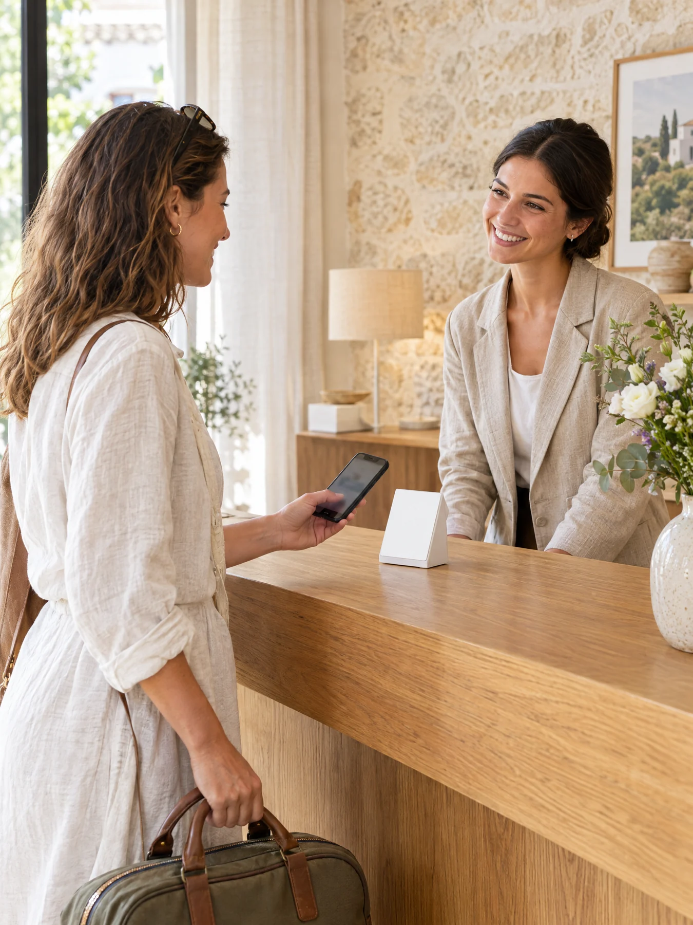 Una huésped deja una propina digital desde el móvil al despedirse en recepción.