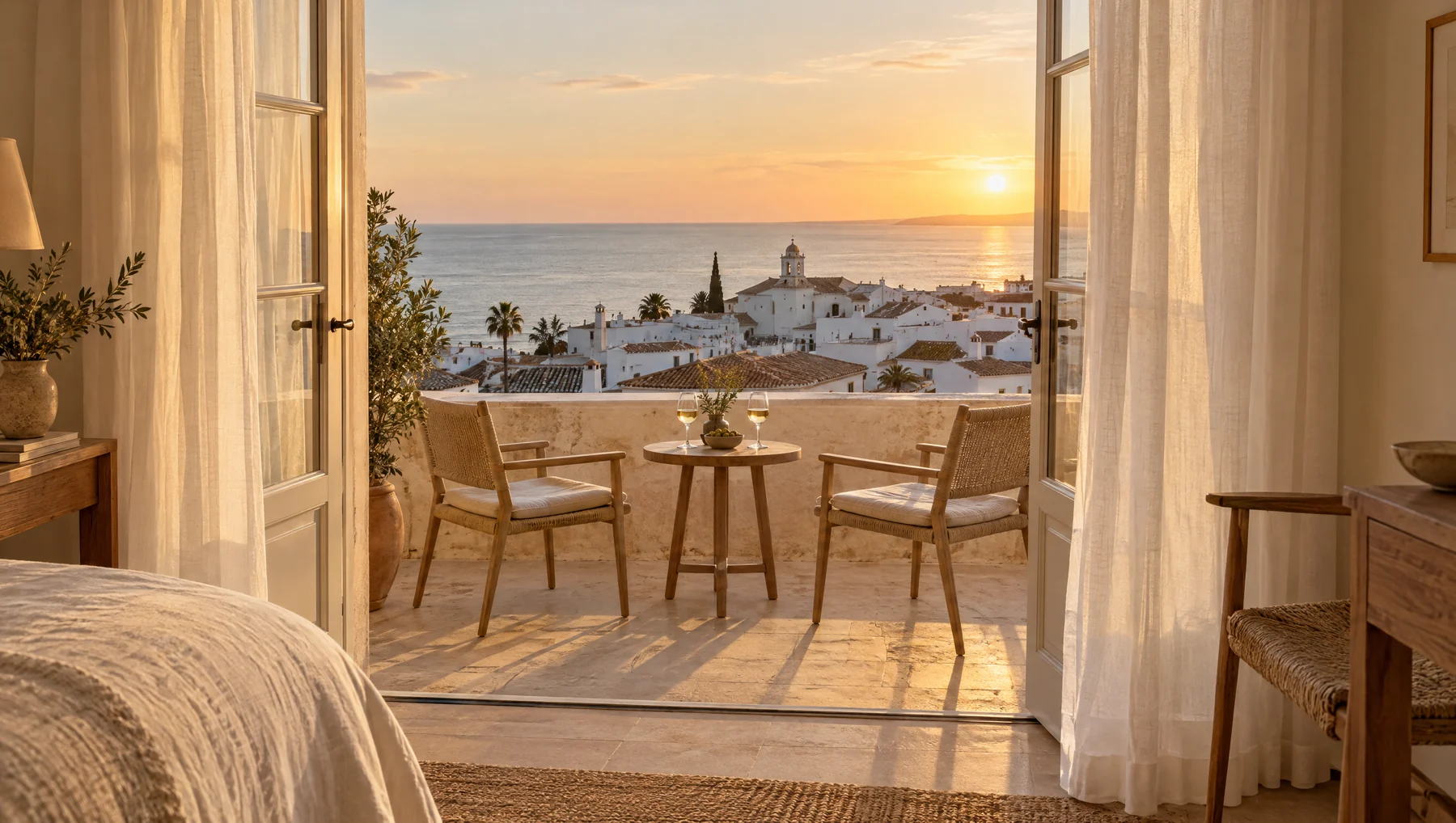 Balcón de una habitación con vistas al mar al atardecer.