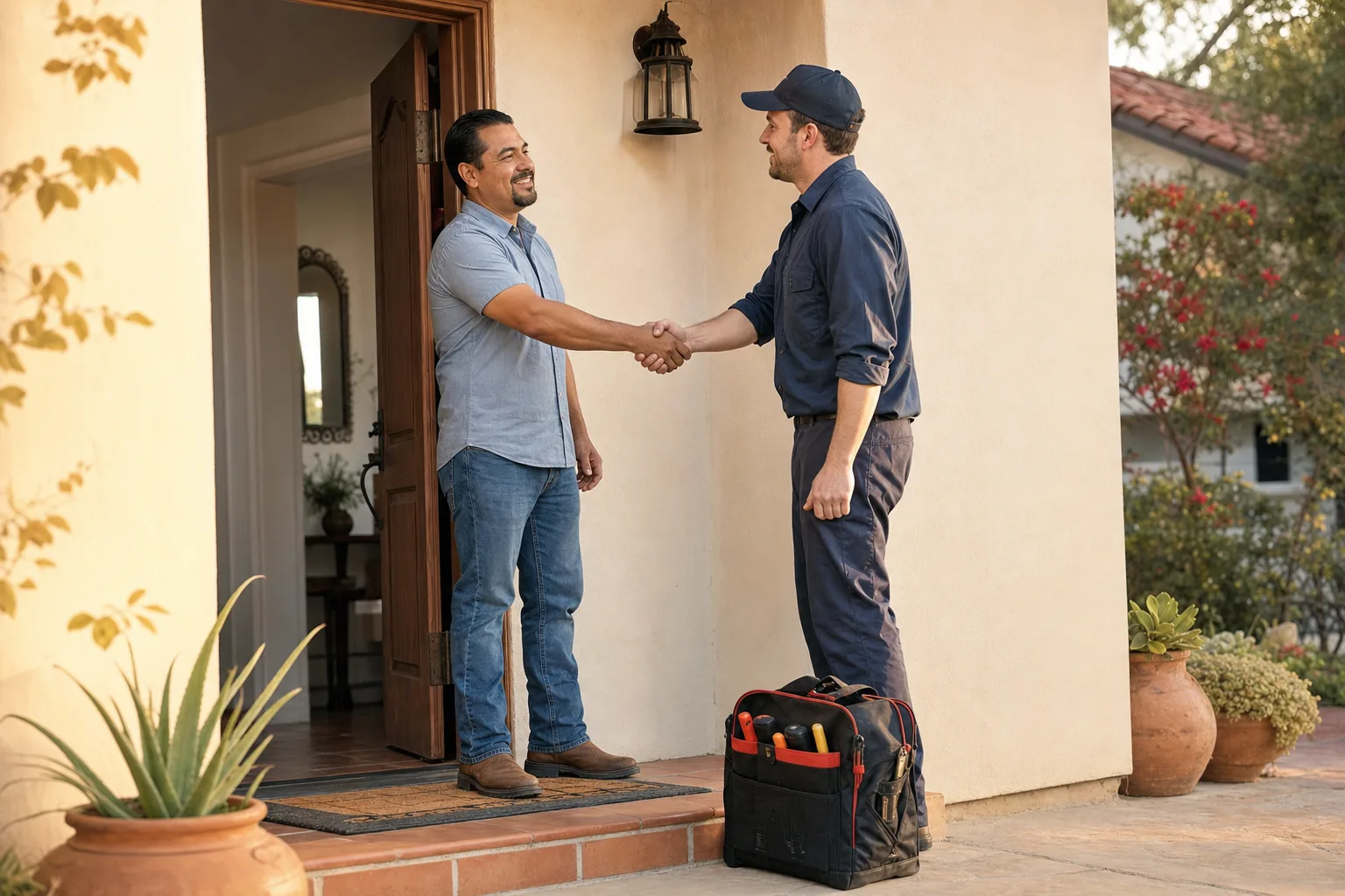 Un cliente estrecha la mano al técnico en la puerta de su casa al terminar el servicio.