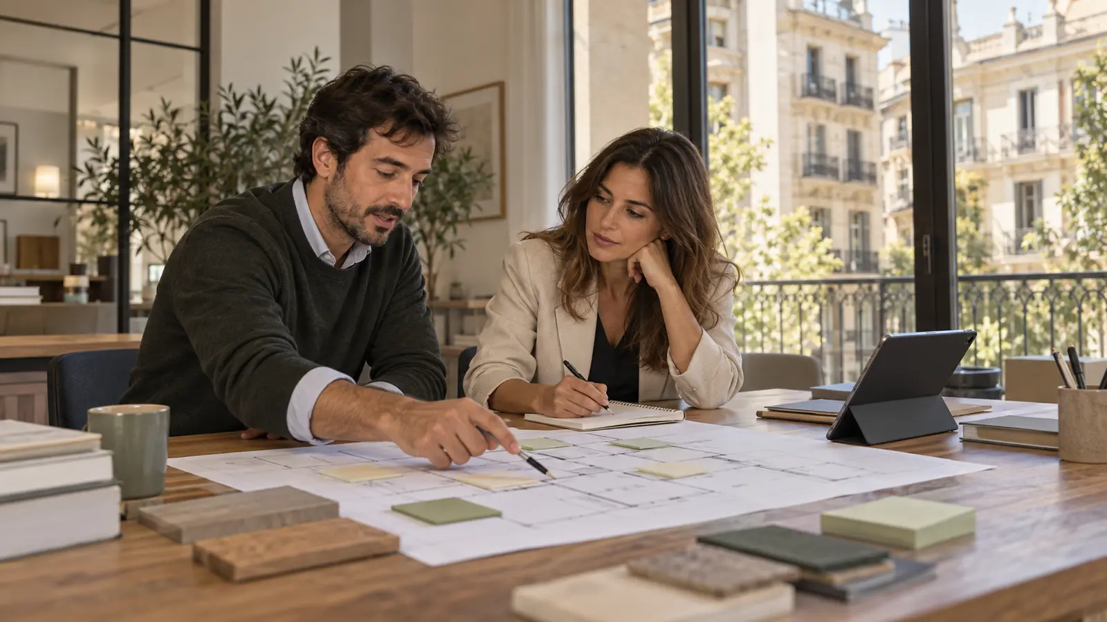 Dos profesionales inmobiliarios definen un flujo sobre un plano sin datos personales.