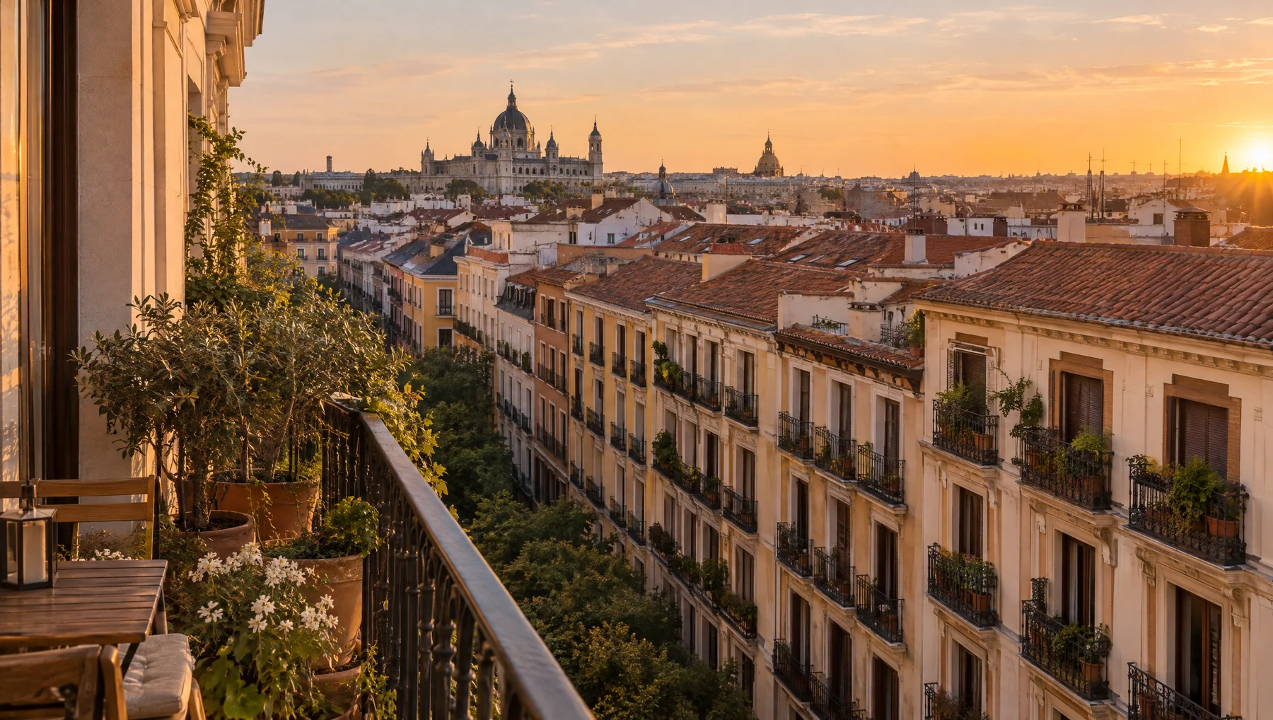Tejados y balcones de Madrid al atardecer desde una terraza.
