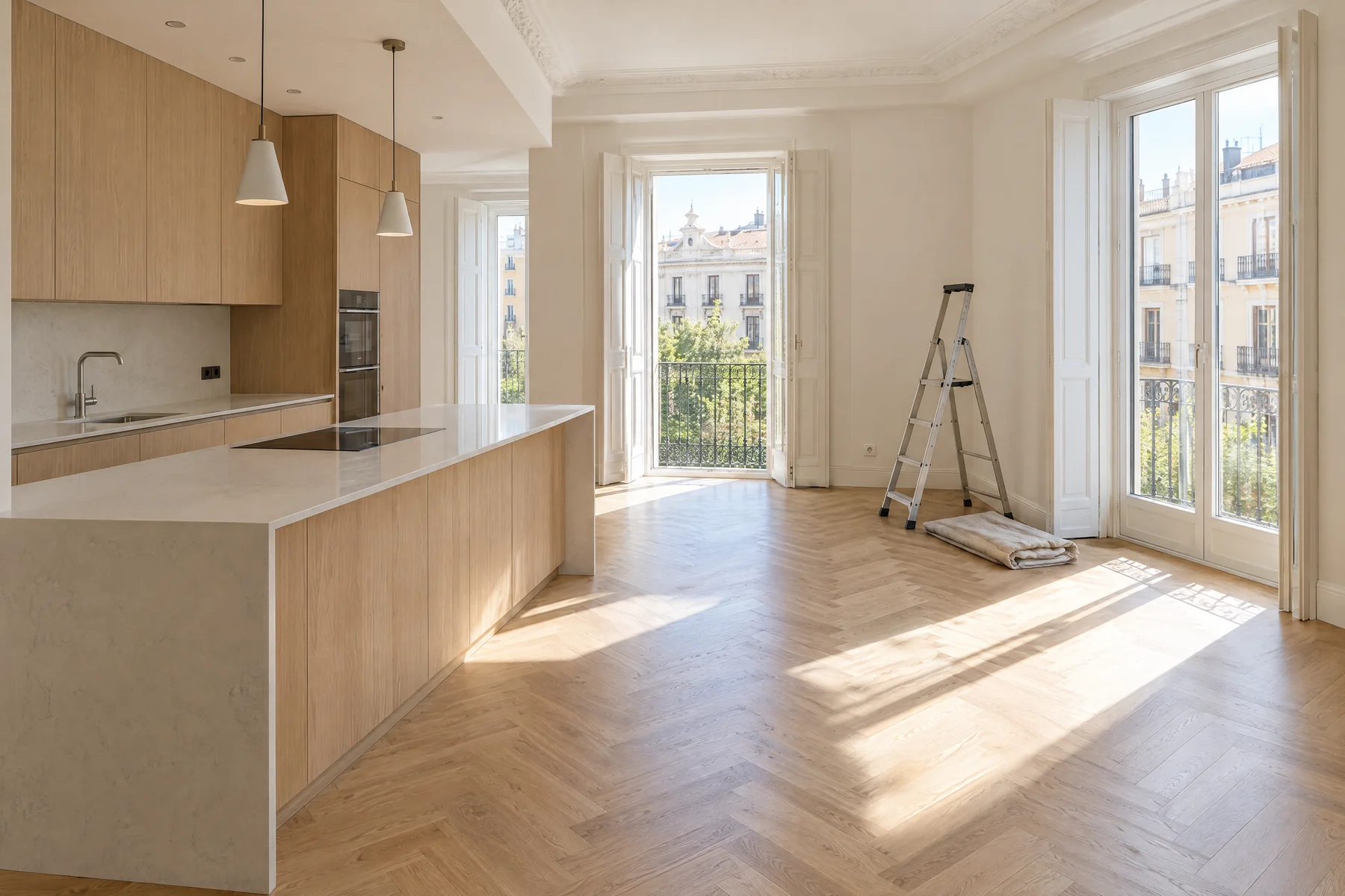 Cocina recién reformada en un piso luminoso de Madrid