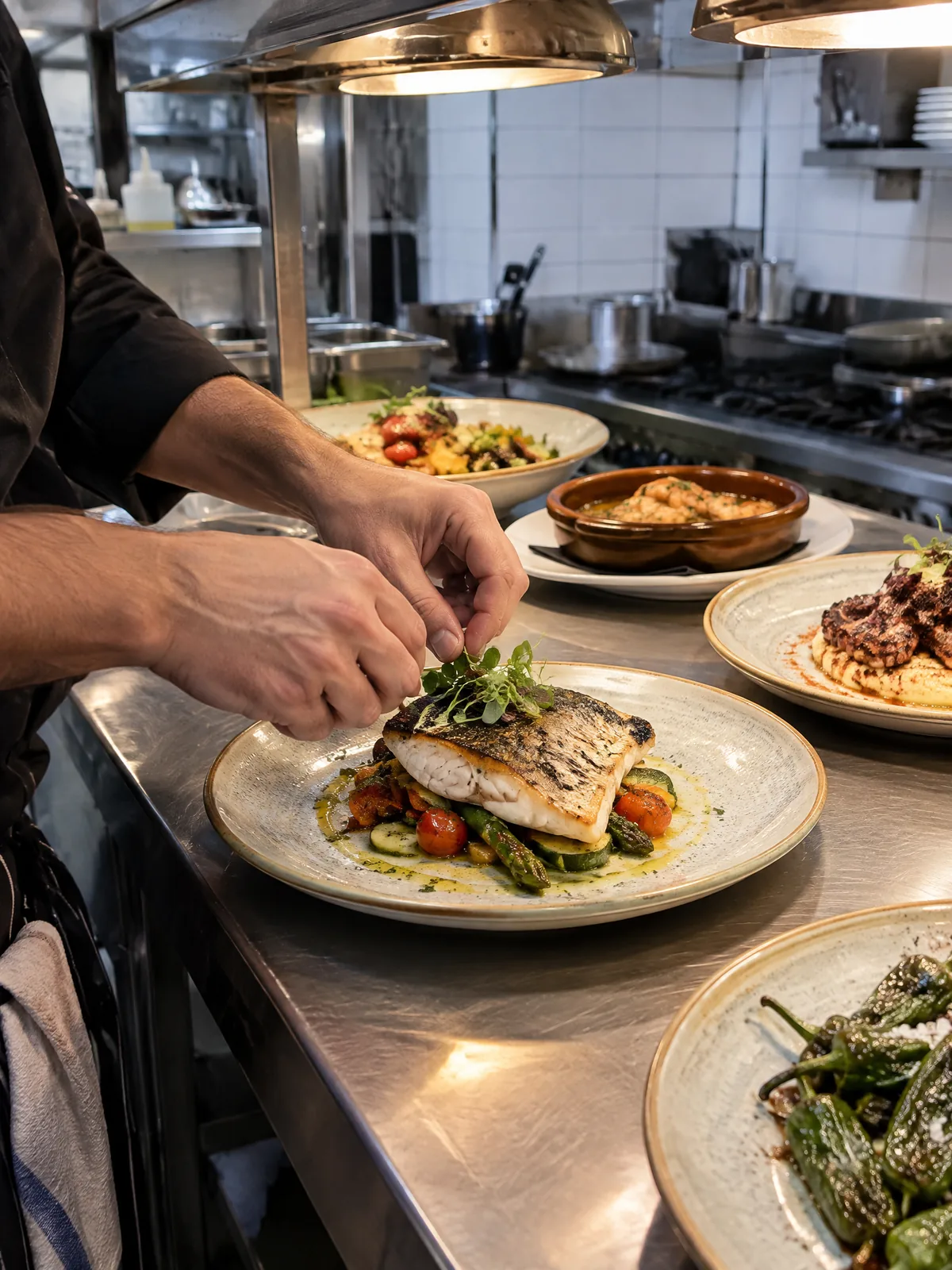 Un cocinero termina un plato de pescado a la plancha en el pase de la cocina.