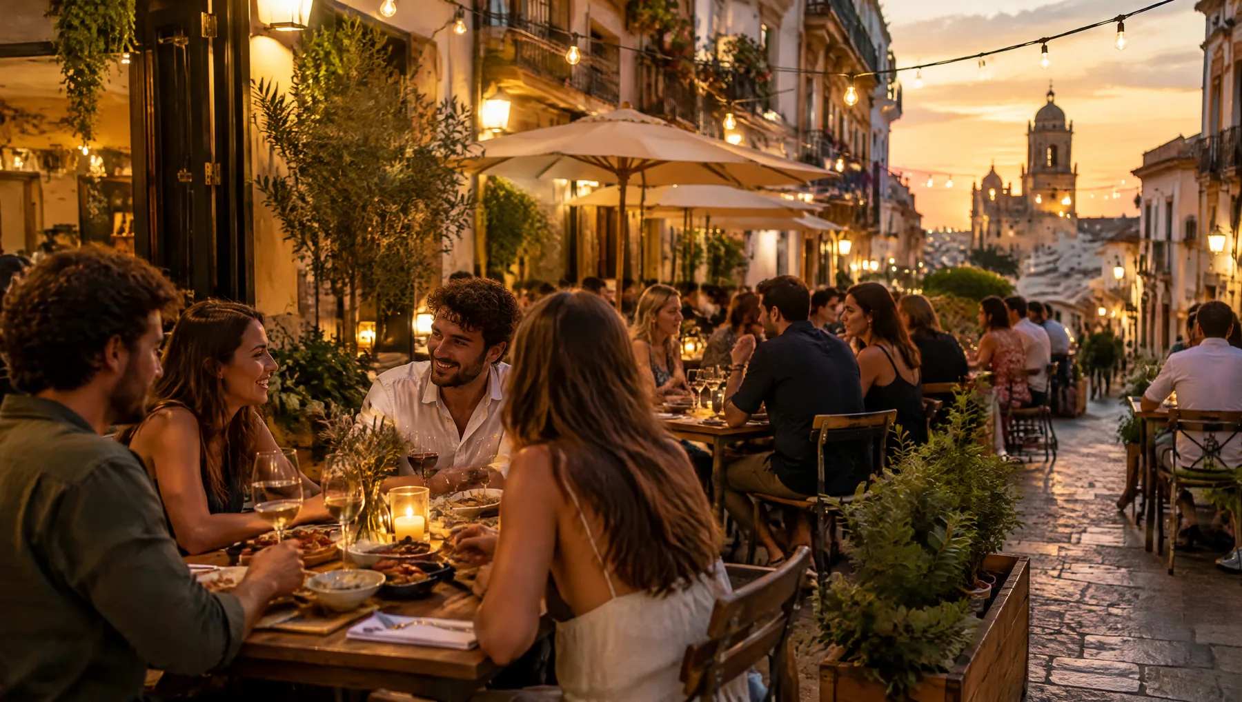 Terraza de un restaurante llena al atardecer, con velas y luces en una calle peatonal.