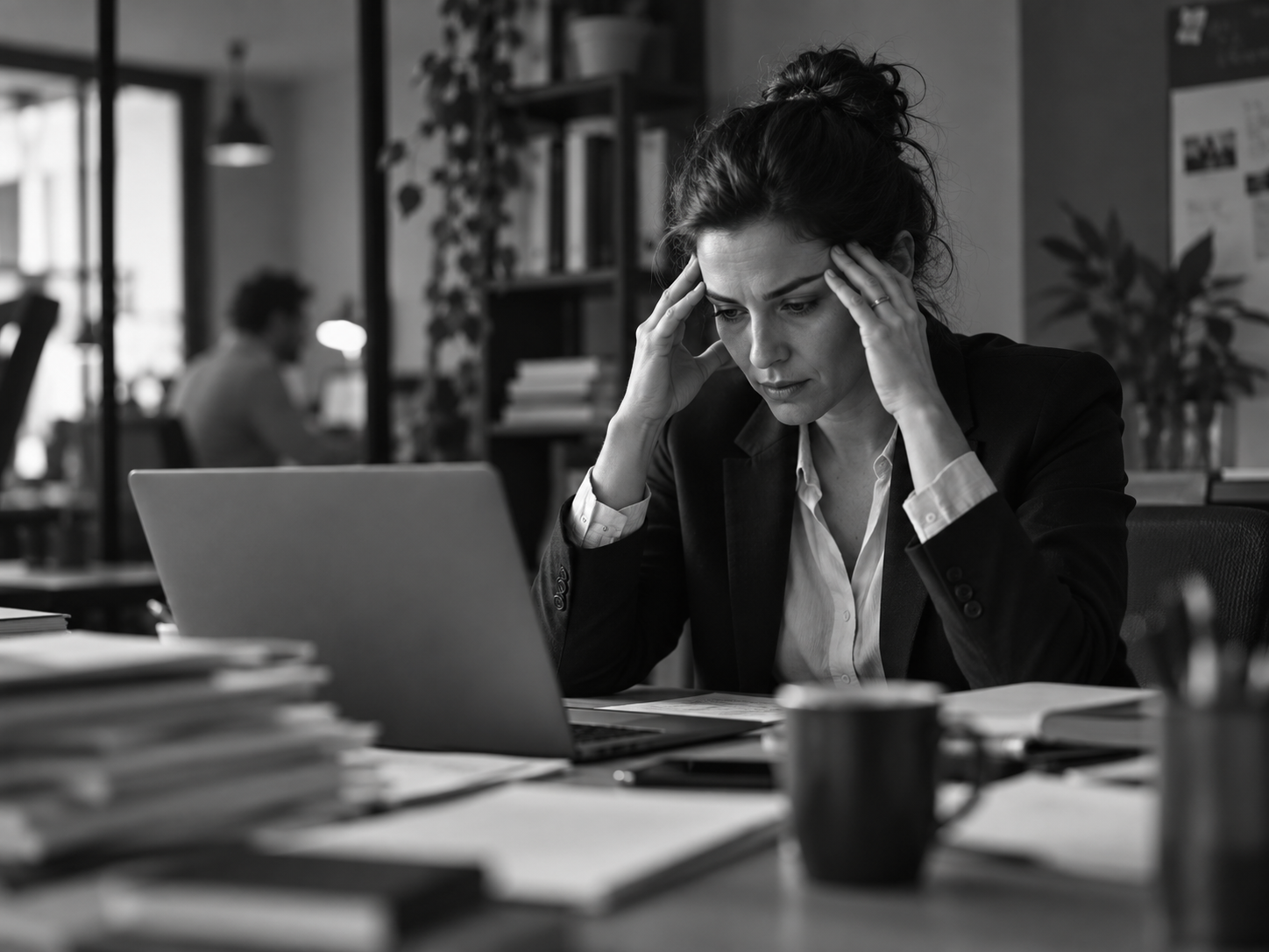 La misma profesional saturada ante el trabajo acumulado