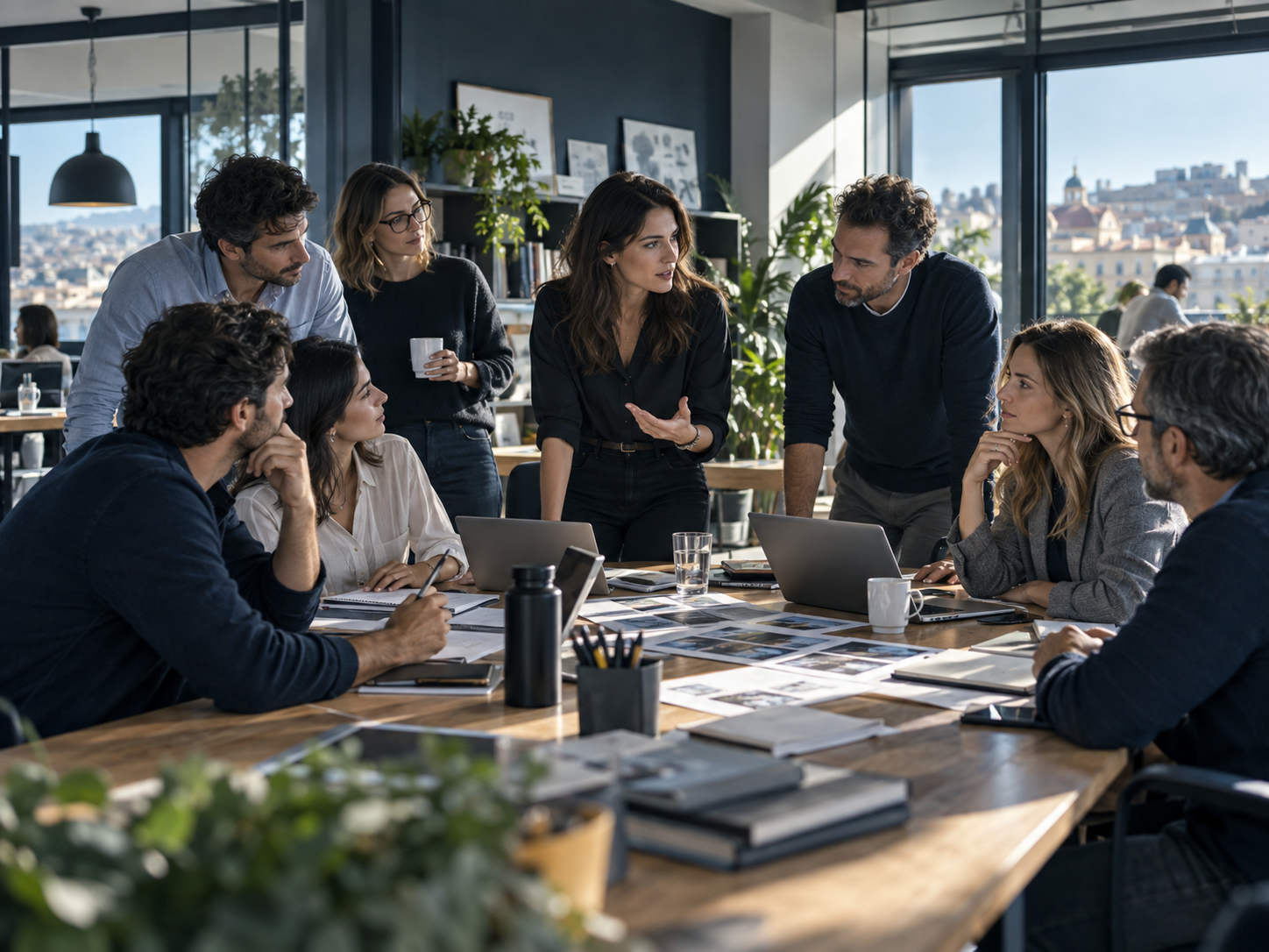 Equipo más amplio de una empresa de servicios coordina prioridades en una reunión