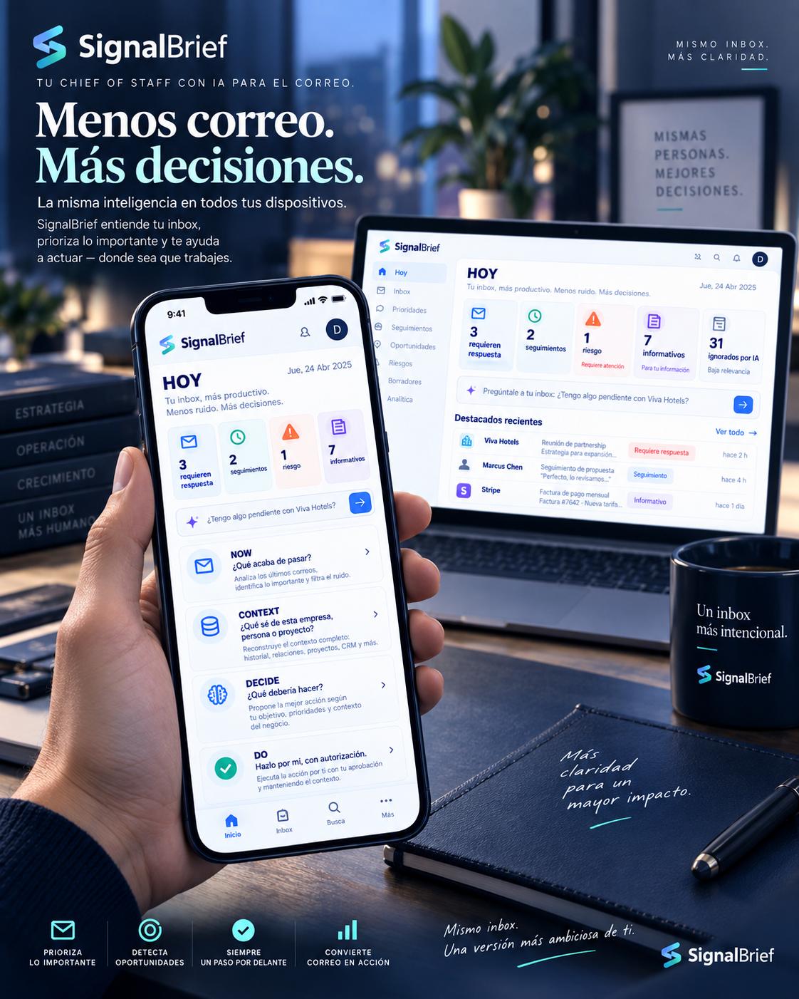 SignalBrief en un monitor con una bandeja de entrada priorizada