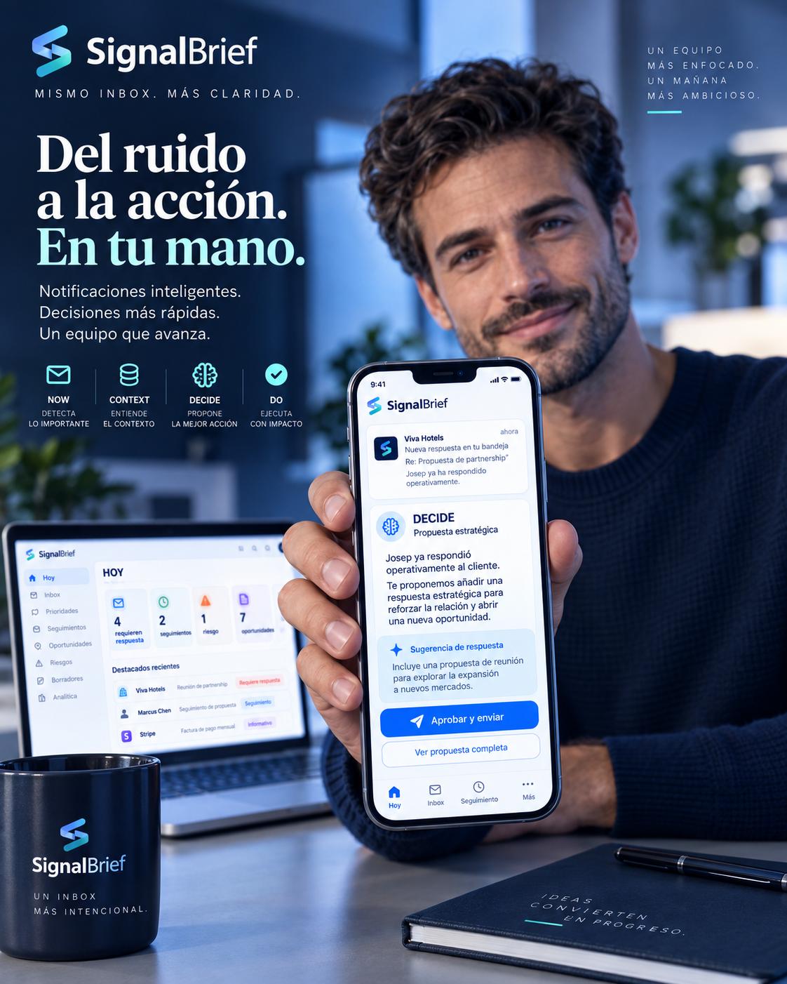 SignalBrief en un móvil con acciones prioritarias